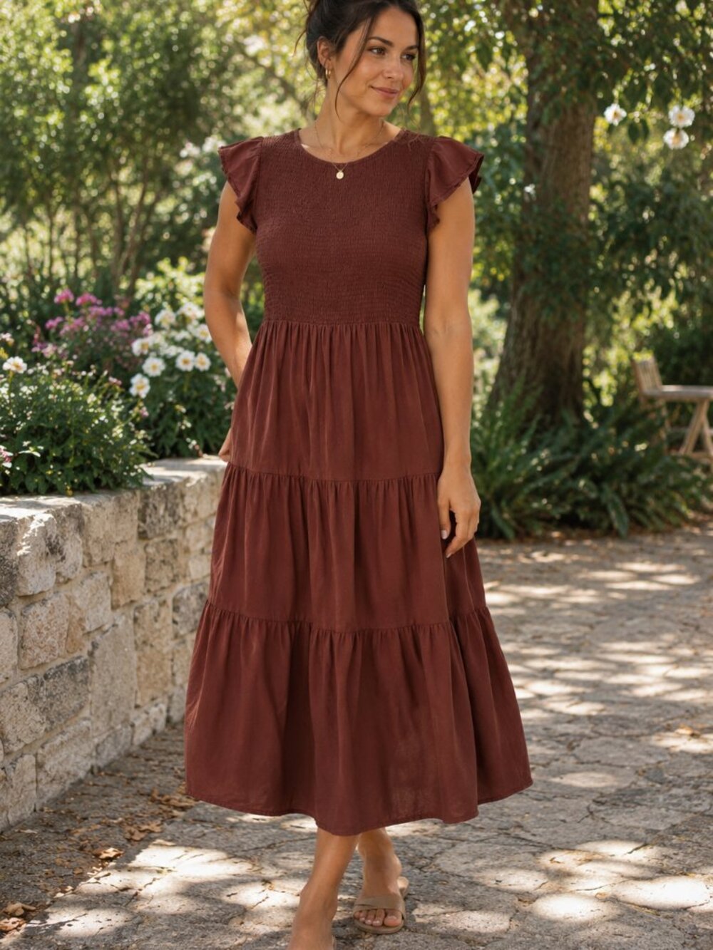 ZESICA Brown Smocked Tiered Midi Maxi Dress – Size M